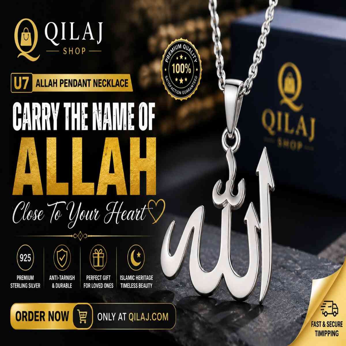 U7 Allah Pendant Necklace in premium silver finish with elegant Arabic Allah calligraphy, displayed as luxury Islamic jewelry by QILAJ Shop.