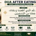 Dua After Eating in Arabic with English transliteration and meaning, featuring the Islamic supplication to recite after finishing a meal and thanking Allah.