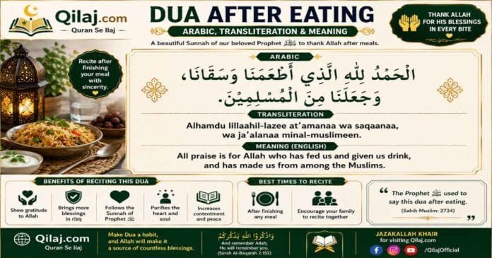 Dua After Eating – Arabic, Transliteration & Meaning Dua After Eating in Arabic with English transliteration and meaning, featuring the Islamic supplication to recite after finishing a meal and thanking Allah.