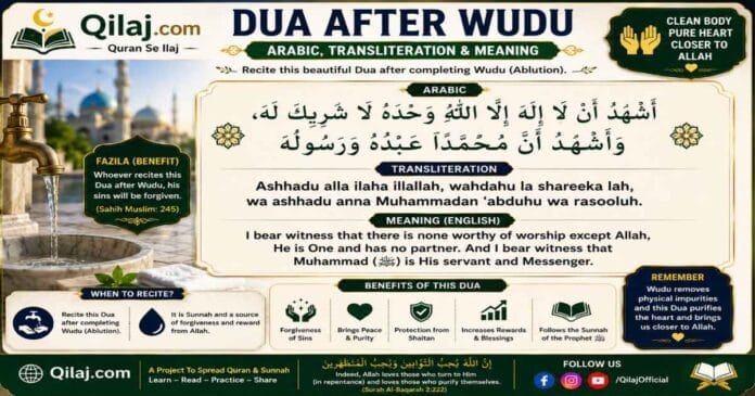 Dua After Wudu – Arabic, Transliteration & Meaning Dua After Wudu in Arabic with English transliteration and meaning, featuring the Islamic supplication to recite after completing Wudu and purification.