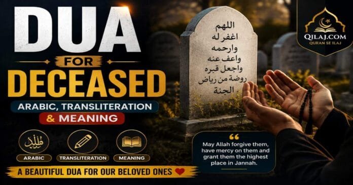 Dua For Deceased | Arabic, Transliteration & Meaning Dua For Deceased in Arabic with English transliteration and meaning, featuring a respectful Islamic design by Qilaj.com for making dua for deceased loved ones.