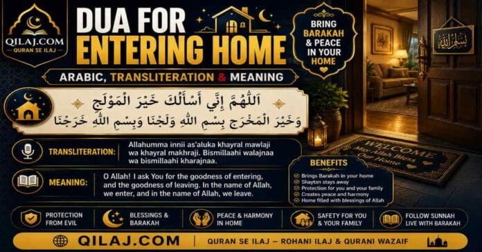 Dua For Entering Home | Arabic, Transliteration & Meaning Dua for entering home in Arabic with English transliteration and meaning, showing the Islamic supplication to recite when entering the house.