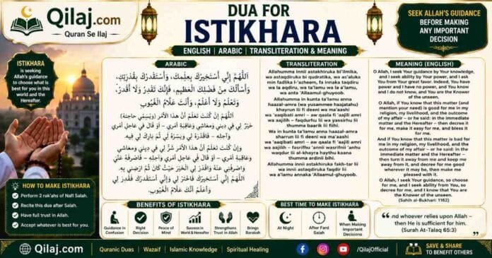 Dua For Istikhara – English, Arabic & Meaning Dua For Istikhara in Arabic with English transliteration and meaning, featuring the Islamic supplication for seeking Allah’s guidance and making the right decision.