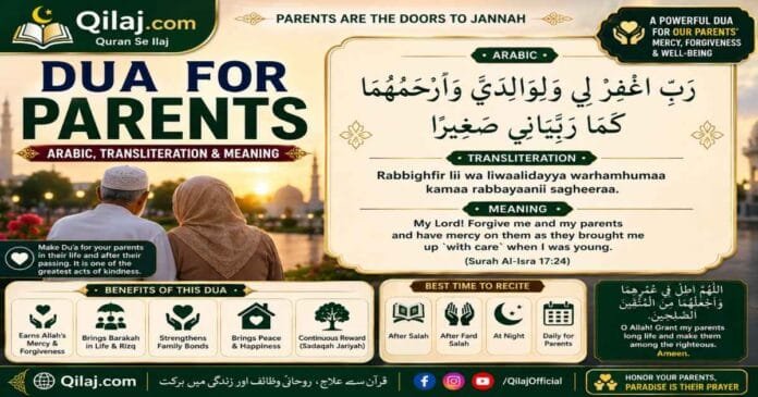 Dua For Parents in Arabic with English transliteration and meaning, featuring an Islamic supplication for parents’ mercy, forgiveness, blessings, and well-being.