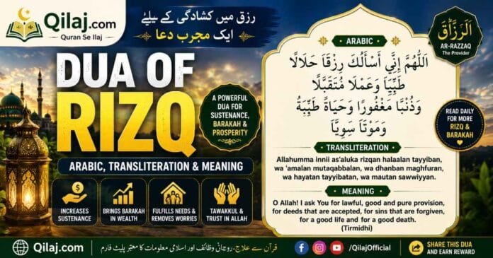 Dua Of Rizq in Arabic with English transliteration and meaning, featuring an Islamic supplication for halal sustenance, barakah, prosperity, and trust in Allah.