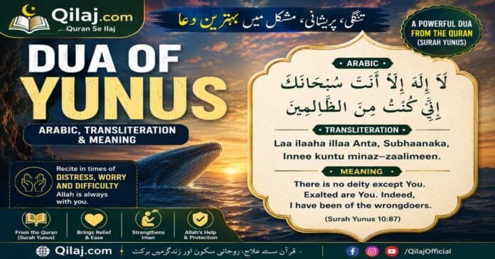 Dua Of Yunus in Arabic with English transliteration and meaning, featuring the powerful Quranic supplication of Prophet Yunus (AS) for repentance, relief, and Allah’s mercy.