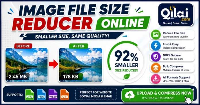 Image File Size Reducer Online tool showing image compression from 2.45 MB to 178 KB without losing quality