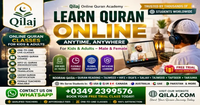 Online Quran teacher conducting a live Quran class for kids and adults at Qilaj Online Quran Academy