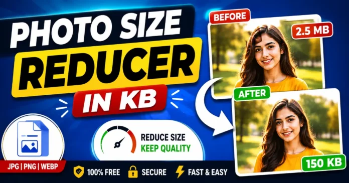 Photo Size Reducer in KB Online – Compress Photos Without Losing Quality Photo Size Reducer in KB Online tool compressing image size from MB to KB while maintaining high quality.