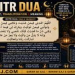 Witr Dua in Arabic with English transliteration and meaning, featuring the supplication recited during Witr prayer.