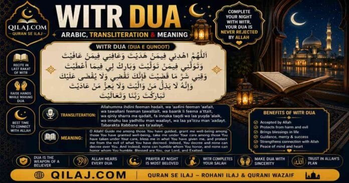 Witr Dua in Arabic with English transliteration and meaning, featuring the supplication recited during Witr prayer.