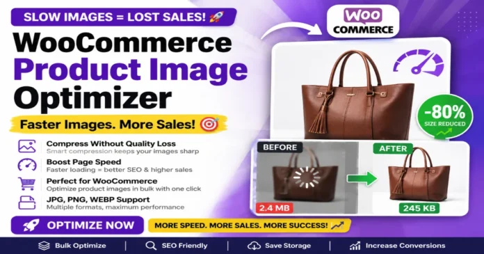 WooCommerce Product Image Optimizer – Faster Images, More Sales WooCommerce Product Image Optimizer showing before and after image compression with reduced file size and faster loading speed